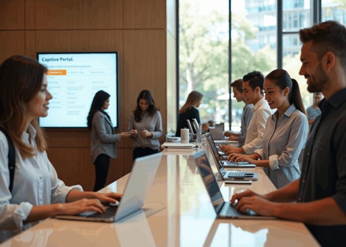 Hotel guests using Wi-Fi captive portal in modern lobby
