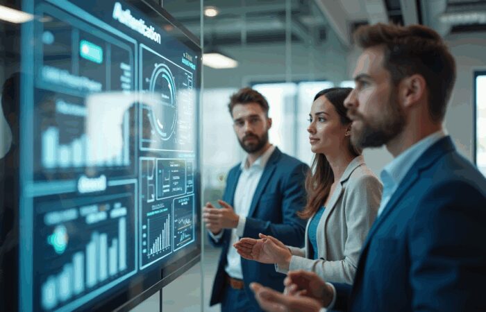 Diverse IT managers discuss authentication in a modern office