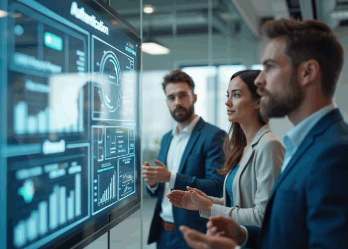 Diverse IT managers discuss authentication in a modern office